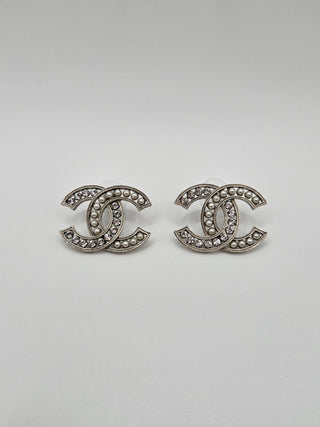 Chanel Silver-tone Crystal Faux Pearl Interlocking CC Stud Earrings