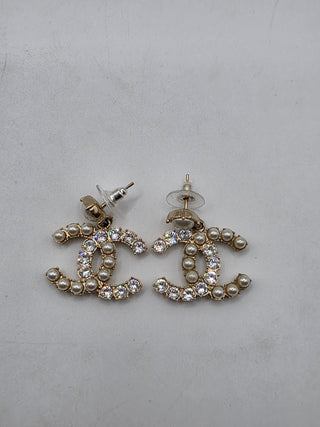 Chanel Gold-tone Faux Pearl Strass Interlocking CC Drop Earrings