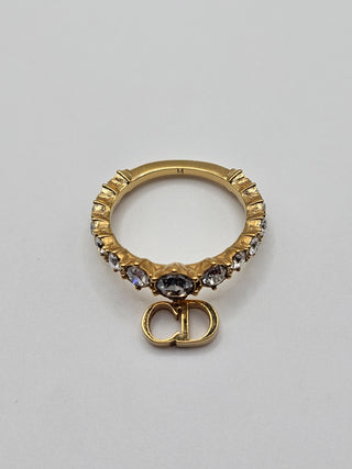 Authentic Christian Dior Gold-tone Crystal CD Charm Cocktail Ring Size: 6