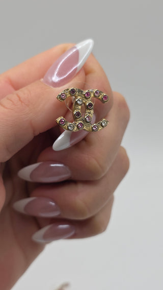 Chanel Gold-tone Pink Strass Interlocking CC Stud Earrings