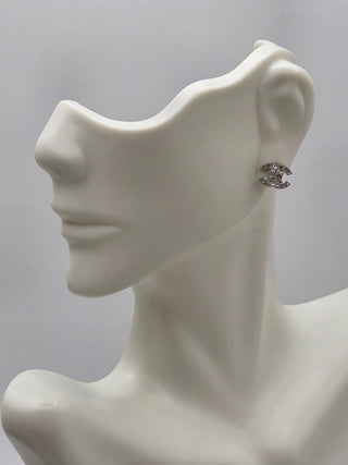 Chanel Silver-tone Strass Interlocking CC Stud Earrings