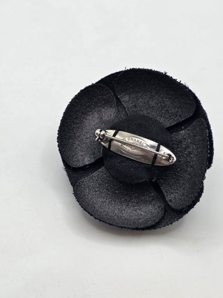 Chanel Metallic Black Blue Camellia CC Logo Fabric Brooch