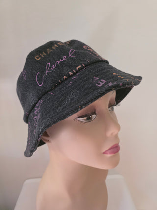 Chanel Black multicolor logo printed denim bucket hat S sz