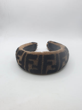 Fendi Brown FF Pattern Print Shearling Headband
