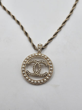 Chanel Gold-tone Faux Pearl Interlocking CC Pendant Necklace