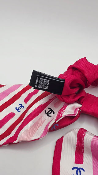 Chanel Pink White Interlocking CC 2024 Silk Bow Scrunchie