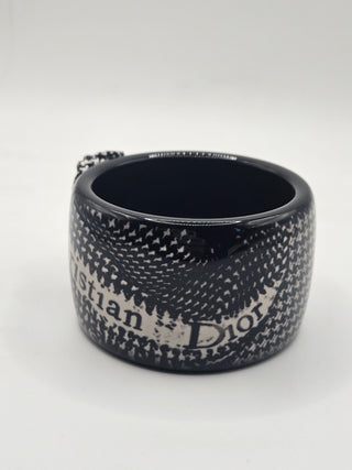 Christian Dior Black Logo Crystal Resin Houndstooth Wide Bangle