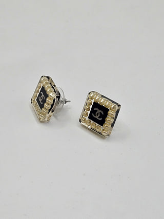 Chanel Faux Pearl Resin Interlocking CC Square Stud Earrings