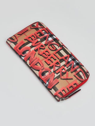 Burberry Brown Multicolor Graffiti Print Check Coated Canvas Zip Around Wallet
