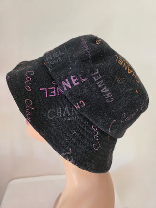 Chanel Black multicolor logo printed denim bucket hat S sz