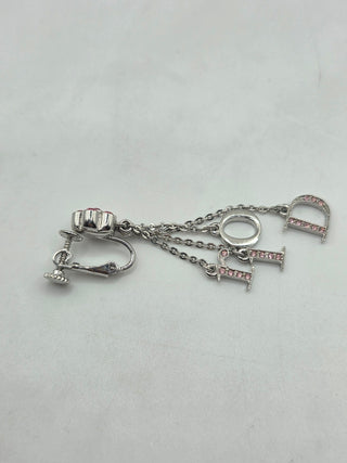 Christian Dior Silver-tone Crystal Floral Logo Drop Clip-On Earrings