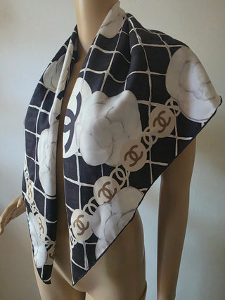 Chanel Black white silk Interlocking CC Logo Scarf
