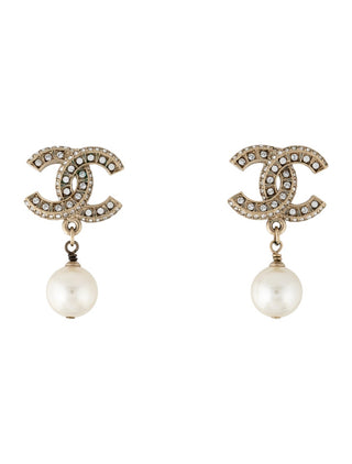 Chanel Gold-tone Faux Pearl  Strass Interlocking CC Drop Earrings