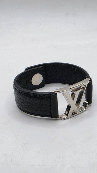 Louis Vuitton Silver-tone LV Logo Black Leather Hockenheim Bracelet