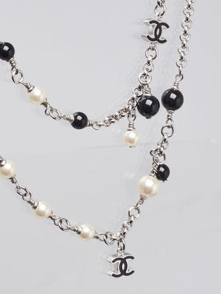 Chanel Silver-tone Black White Bead Glass Pearl Interlocking CC Long Necklace