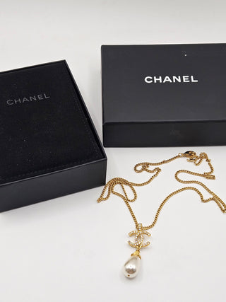 Chanel Gold-tone 2020 Faux Pearl Strass CC Pendant Necklace