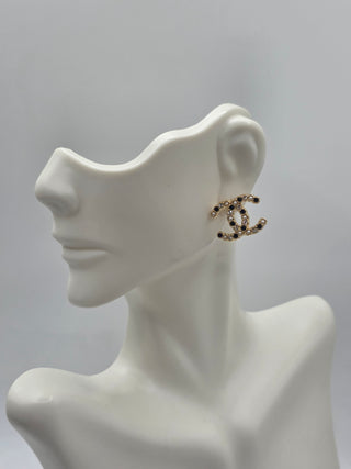 Chanel Gold-tone 2020 Faux Pearl Strass Interlocking CC Stud Earrings