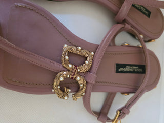 Dolce & Gabbana beige leather pearl logo embellished thong sandals 37 sz