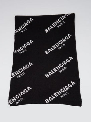 Balenciaga Black White Wool Blend Monogram Print All-over Logo Scarf