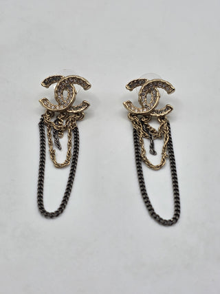 Chanel Gold-tone Strass Interlocking CC Chain Drop Earrings