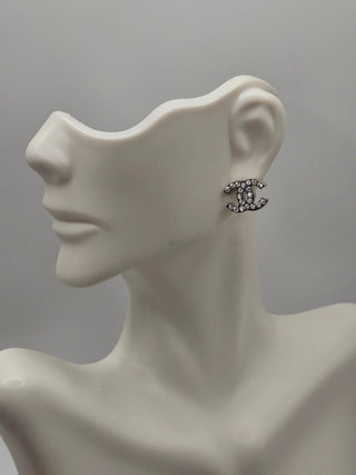 Chanel Silver-tone Strass Interlocking CC Stud Earrings