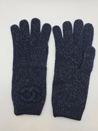 Chanel Dark Blue Metallic Cashmere Silk Knit CC Gloves
