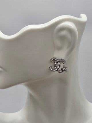 Chanel Silver-tone Strass Interlocking Stud Earrings