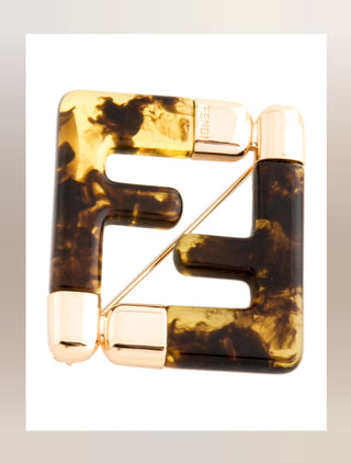 Fendi Gold-tone Resin Tortoiseshells FF Zucca Logo Pin Brooch
