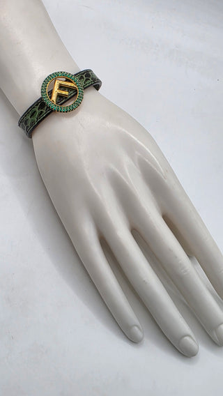 Fendi Gold-tone Crystal Green Snake Skin FF Leather Wrap Bracelet