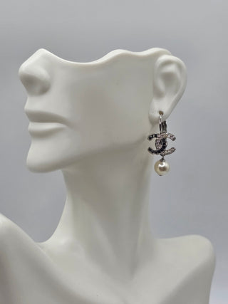 Chanel Silver-tone Faux Pearl Strass Interlocking CC Drop Earrings