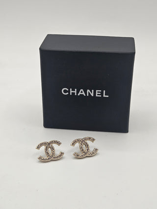 Chanel Gold-tone Strass Interlocking CC Stud Earrings