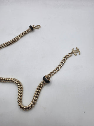 Chanel Gold Metal Black Leather Interlocking CC Logo Chain Link Choker Necklace