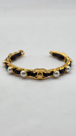 Chanel  Gold-tone Faux Pearl Leather CC Cuff Bracelet