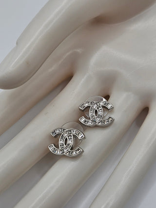 Chanel Interlocking Silver-tone Strass CC Stud Earrings