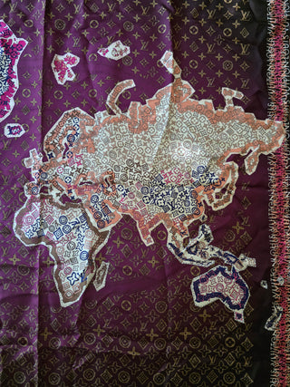 Louis Vuitton Brown Multicolor LV Monogram Map Pattern Silk Scarf
