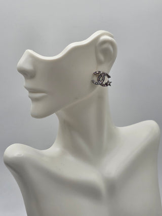 Chanel Silver-tone Strass Interlocking Stud Earrings