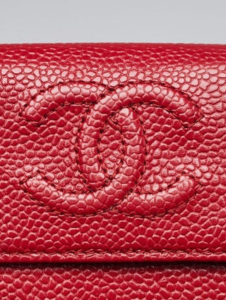 CHANEL Red Caviar Leather CC Compact French Purse Wallet