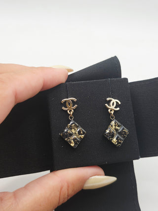 Chanel Gold-tone Black Resin Interlocking CC Drop Earrings