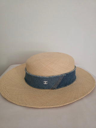 Chanel Beige Interlocking CC Denim Straw Hat S sz