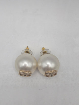 Chanel Golf-tone White Faux Pearl CC Stud Earrings