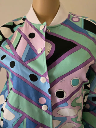 Emilio Pucci Blue Multicolor 
Silk Signature Printed Jacket S sz