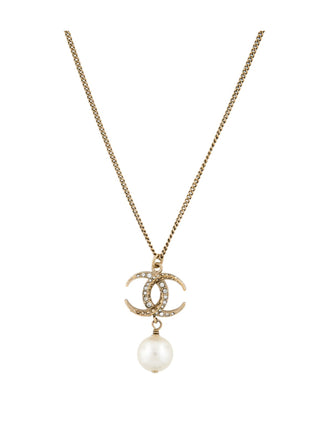 Chanel Gold-tone Faux Pearl  Strass CC Pendant Necklace