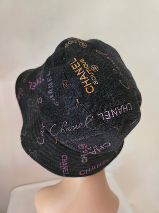Chanel Black multicolor logo printed denim bucket hat S sz