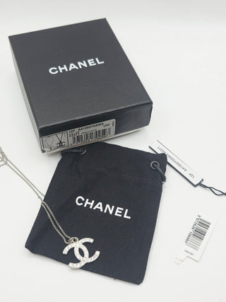 Chanel Silver-tone Strass Interlocking CC Pendant Necklace
