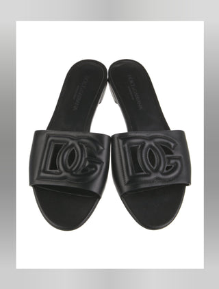 Dolce & Gabbana Black Leather D&G Logo Cutout Sandals 37 sz