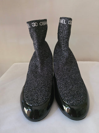 Chanel Black Logo Printed 2017 Patent Leather Sock Boots 40.5 EU
