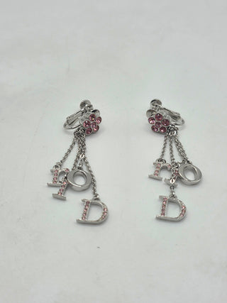 Christian Dior Silver-tone Crystal Floral Logo Drop Clip-On Earrings