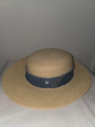 Chanel Beige Interlocking CC Denim Straw Hat S sz