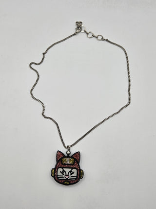 Chanel Gold-tone Black glitter Resin CC Cat Pendant Necklace