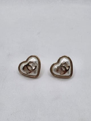 Chanel Gold-tone Faux Pearl Interlocking CC Heart Stud Earrings